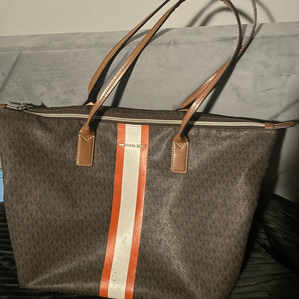 Michael Kors Brown Tote with Orange and White Stripe